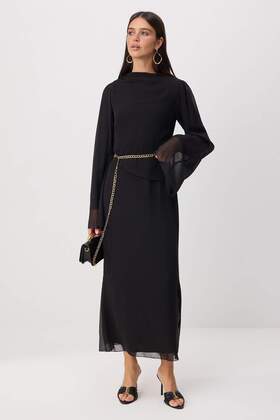 Schwarz gefüttertes, einfarbig gewebtes Kleid & Overall aus Chiffon, Hijab-Kleid TCTSS26EB00084