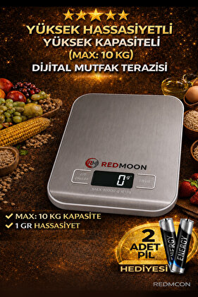 10 KG 1 GR Hassas Dijital Mutfak Terazisi Paslanmaz Çelik Tartı + 2 Pil Hediyeli