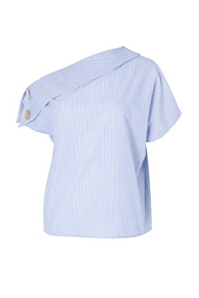 Blau gestreifte, asymmetrische Bluse mit Knopfdetail und gewebtem Kragen TWOSS26BZ00842