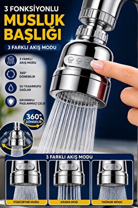 Krom 3 Fonksiyonlu Mutfak Lavabo Başlığı 360 Derece Döner Musluk Ucu Tasarruflu