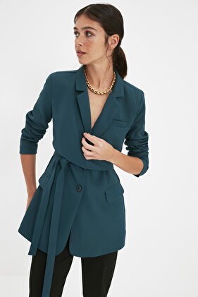 Emerald Green Regular Lined Tie-Detail Woven Blazer Jacket TWOAW21CE0320