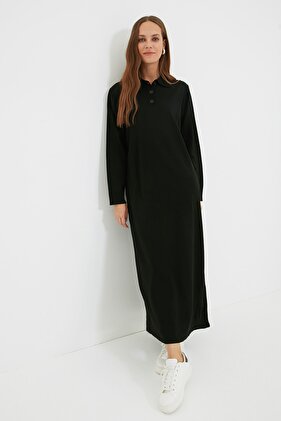 فستان تريكو مخطط بياقة بولو أسود TCTAW22EB0212