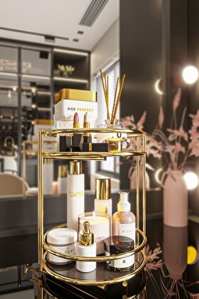 Banyo Kozmetik Takı Düzenleyici Çok Amaçlı Organizer 2 Katlı Servis Sunum Tepsisi Ikramlık Gold