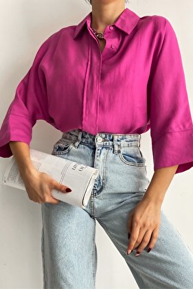 Women's Fuchsia Hidden Button Wide Bat Sleeve Loose Fit Oversize Shirt 50% Viscose 50% Cotton