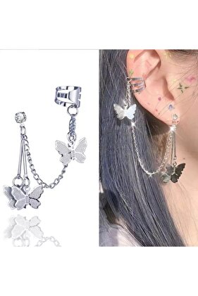 Retro Vintage Kelebekli Zincirli Çiftli Küpe