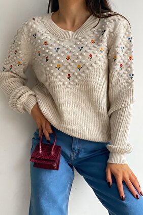 Dámský béžový vyšívaný bavlněný svetr (kompatibilní velikosti S a M)