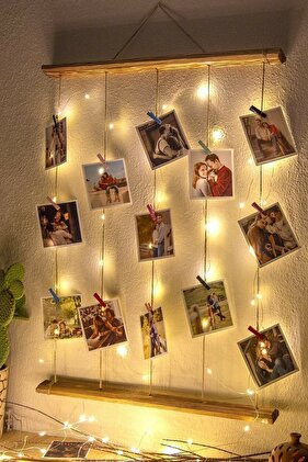 Doğal Ahşapeskitme Led Işıklı Jüt Ipli Fotoğraf Askısı/aydınlatma