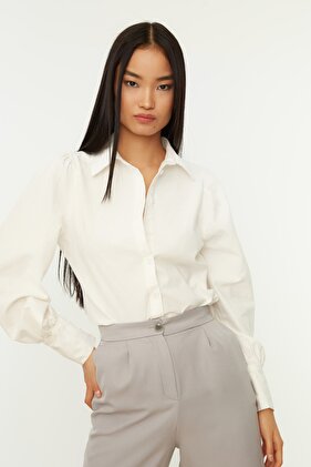 White Balloon Sleeve Cotton Regular Regular Fit Woven Shirt Twoss20Go0065