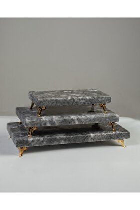 Marble Serving Tray Gold 3-Piece Set Cake Display, Metal Profile Leg