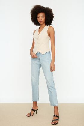 Stone Fitted Buttoned Crop Woven Vest Twoss21Ye0009