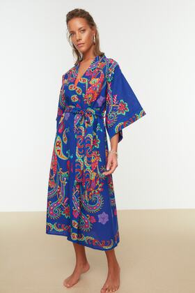 Ethnic Patterned Belted Midi Woven 100% Cotton Beach Kimono&Kaftan Tbess22Km0023