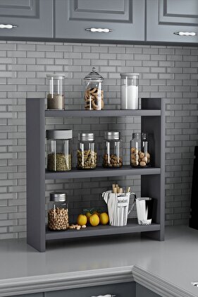 Gardenya Antrasit Renk 3 Katlı Modern Ahşap Mdf Tezgah Üstü Mutfak Baharatlık Rafı