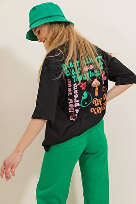 Kadın Siyah Bisiklet Yaka Önü Ve Arkası Flok Baskılı %100 Pamuk Oversize T-Shirt ALC-X7982