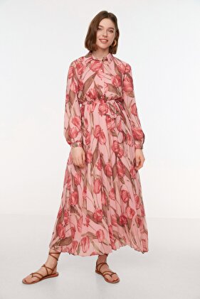 Pink Floral Print Shirt Collar Belted Lined Chiffon Woven Dress TCTSS22EB0035