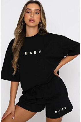 طقم شورت أسود نسائي مطبوع عليه طفل