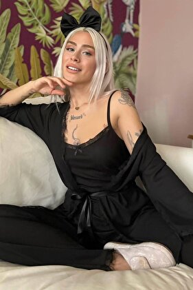 Dark Black Patterned Pegasus Pajama Set with Dressing Gown
