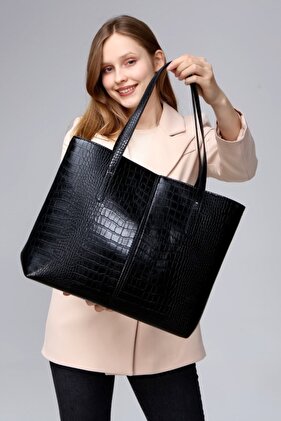 Black Women's Croco Pattern Large Hand and Shoulder Bag