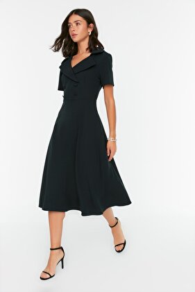 Black Button Detailed Skater/Belt Opening Midi Woven Dress TWOSS22EL1185