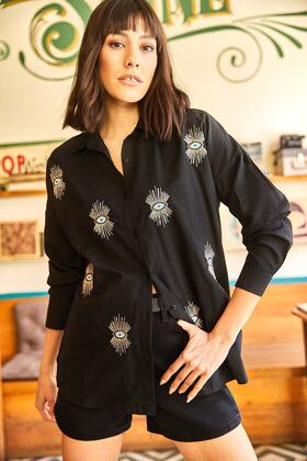 Women's Black Eye Sequin Detailed Woven Boyfriend Shirt GML-19000992