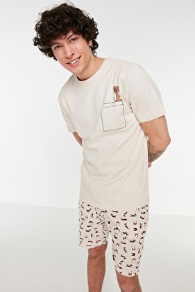 Beige Dog Pattern Sleepwear Set with Regular Fit Shorts - 100% Cotton Thmss21Pt0324