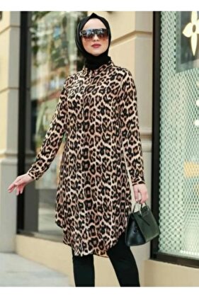 Modaburada Women's 100% Viscose Cotton Leopard Print Tunic Shirt Dress