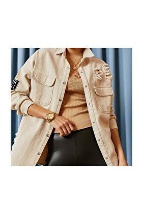 Kadın Krem Bej Yırtıklı Oversize Denim Jeans Bayan Kot Ceket