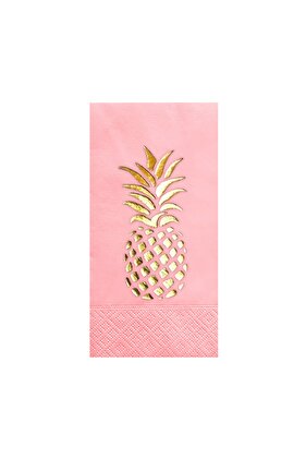 33 X 33 cm Altın Varak Ananas Tropikal Parti Desenli 16'lı Açık Pembe Renkli Kağıt Peçete