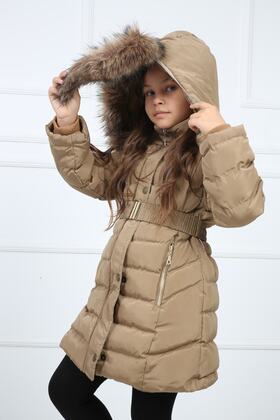 Girl's Beige Plush Puffer Coat with Removable Belt