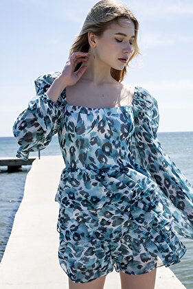 Spring Blue Leopar Desenli Elbise