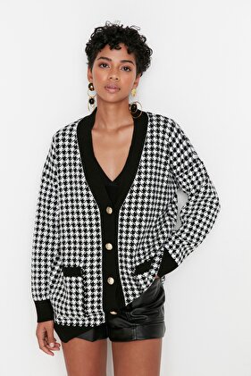 Wide Fit černý pletený cardigan - Houndstooth TWOAW22HI0179