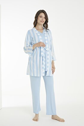 Mavi Çizgi Desenli Lohusa Ve Hamile Pijama Takım