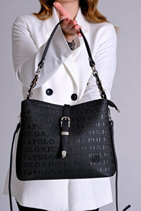 حقيبة يد وكتف نباتية منقوشة للنساء من Just & Polo Jp-4014-00 باللون الأسود