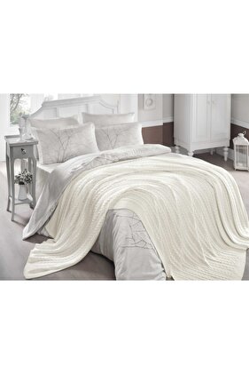 Örgü Çift Kişilik Battaniye Ekru