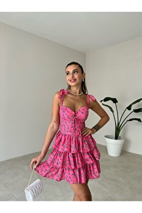 Kat Kat Etekli Göğüsü Bağlama Detaylı Rennes Elbise 4032 - Pembe
