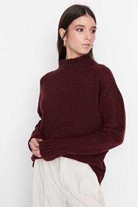 Claret Red Wide Fit Soft Textured Basic Knitwear Sweater TWOAW23KZ00490