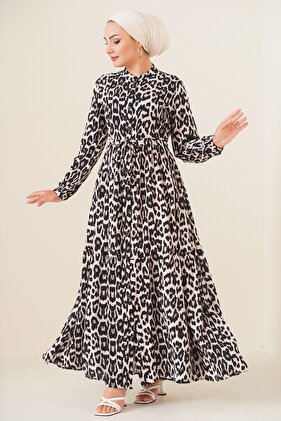 2144 Magnificent Collar Hijab Dress - Light Beige