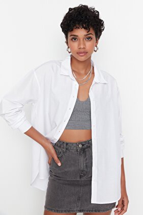 Bílá bavlněná tkaná košile volného střihu TWOAW20GO0107