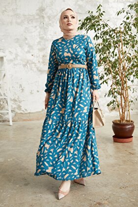 Rena Straw Belt Patterned Dress - Indigo