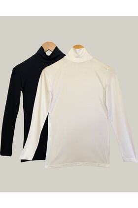 Kadın Siyah ve Beyaz Uzun Kollu Yarım Balıkçı Yaka Body