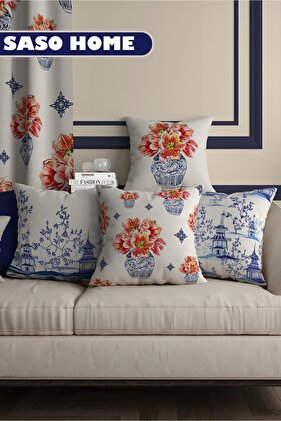 Asian Authentic Ethnic Figures Patterned 4-Piece Decorative Gift Throw Pillow - Pillow Case