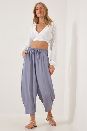 Kadın Gri Keten Şalvar Pantolon CI00036