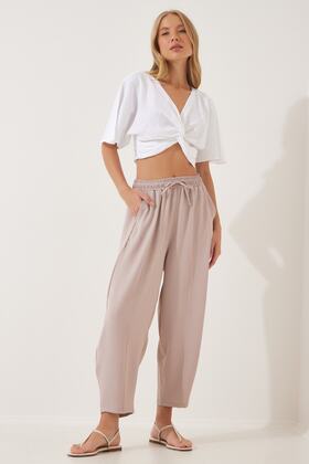 Kadın Krem Keten Şalvar Pantolon CI00036
