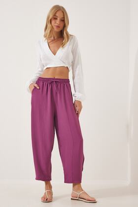 Kadın Mor Keten Şalvar Pantolon CI00036