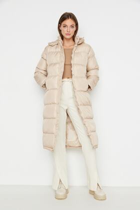 Béžová Regular Fit kapucňa Vodoodpudivý dlhý nafukovací kabát TWOAW23MO00154