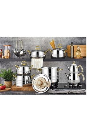 طقم أواني طهي من الفولاذ مكون من 18 قطعة من أكاسيا جولد