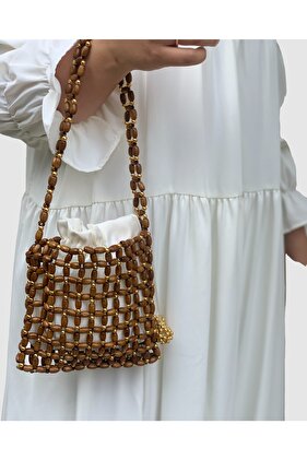 Ahşap Boncuklu Tasarım Omuz Çantası