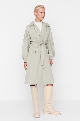 Light Khaki Long Oversize Trench Coat with Drawstring Waist and Belt Detail TWOSS20TR0010