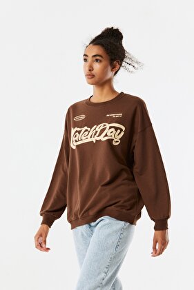 Baskılı Bisiklet Yaka Oversize Sweatshirt
