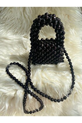 Siyah Kristal Boncuk Mini Kadın El Çantası