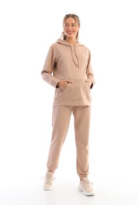 Süt Kahve Hamile Ve Lohusa Kapüşonlu Sweatshirt Eşofman Takım